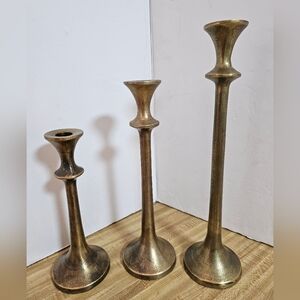 Set of 3 Crate & Barrel Emmett Antique Brass Taper Candle Holders - With Label